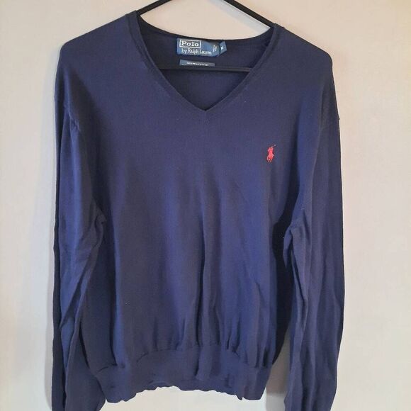 Polo Ralph Lauren Pima Cotton V Neck Blue Sweater Red Pony - Picture 1 of 4
